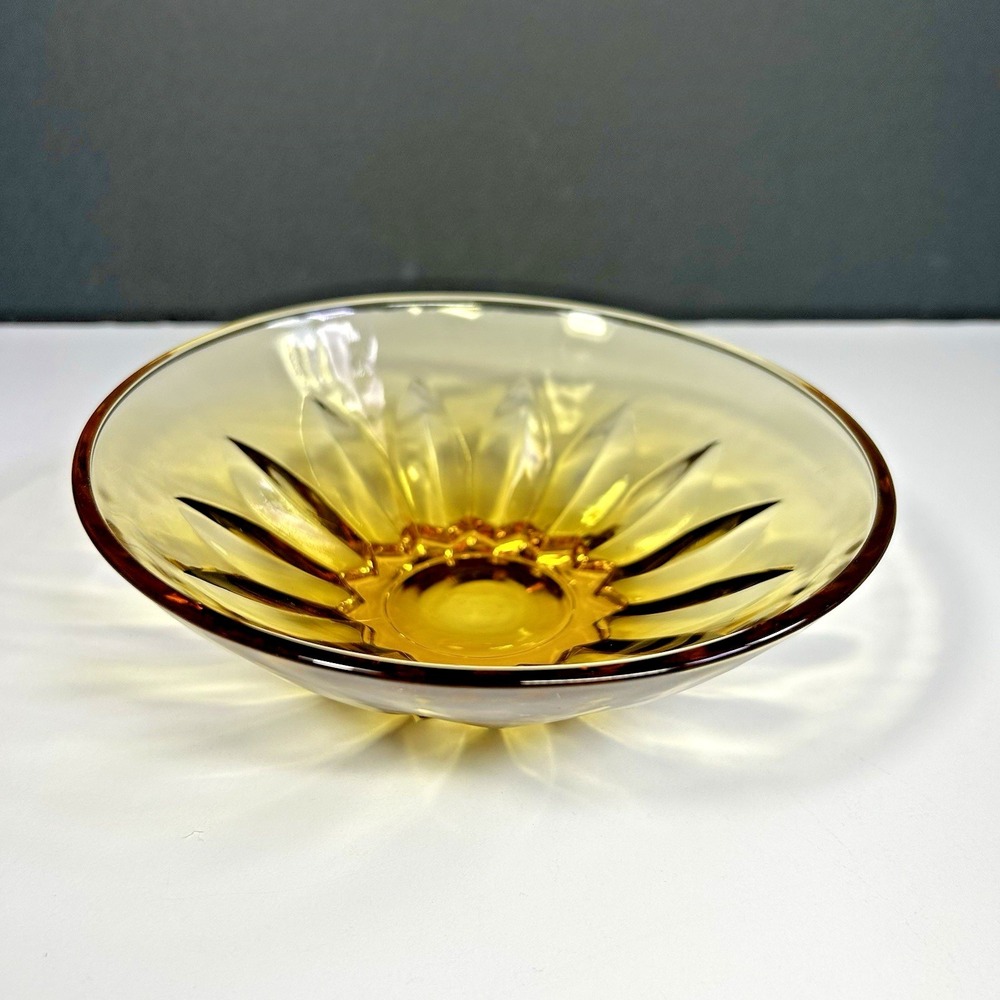 Vintage Amber Pressed Glass Bowl Sunburst Starburst Base Small Candy Dish